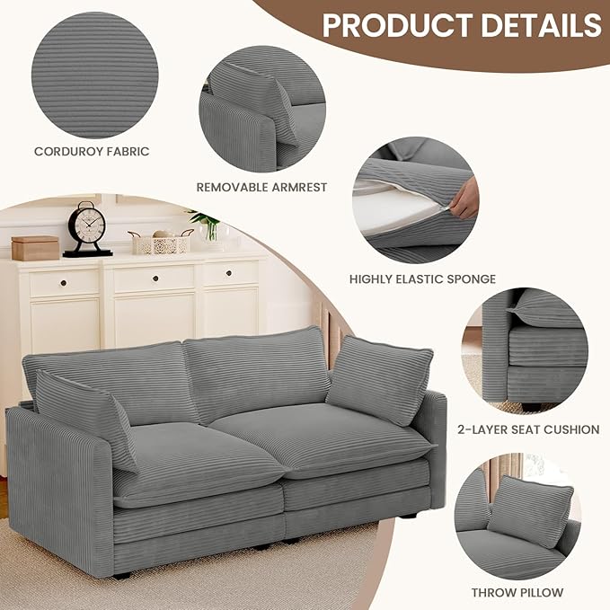 ROWHY 78'' Sectional 2 Seat Cloud Loveseat with 2 Throw Pillows Modern Corduroy Love Seat Convertible Cozy Sofa for Living Room Bedroom and Office Dark Grey