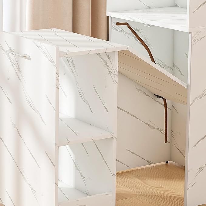 LUMISOL Folding Out Desk with Storage Shelves Expandable Hidden Computer Desk with Storage for Home &amp OfficeSpace-Saving Design White Marble