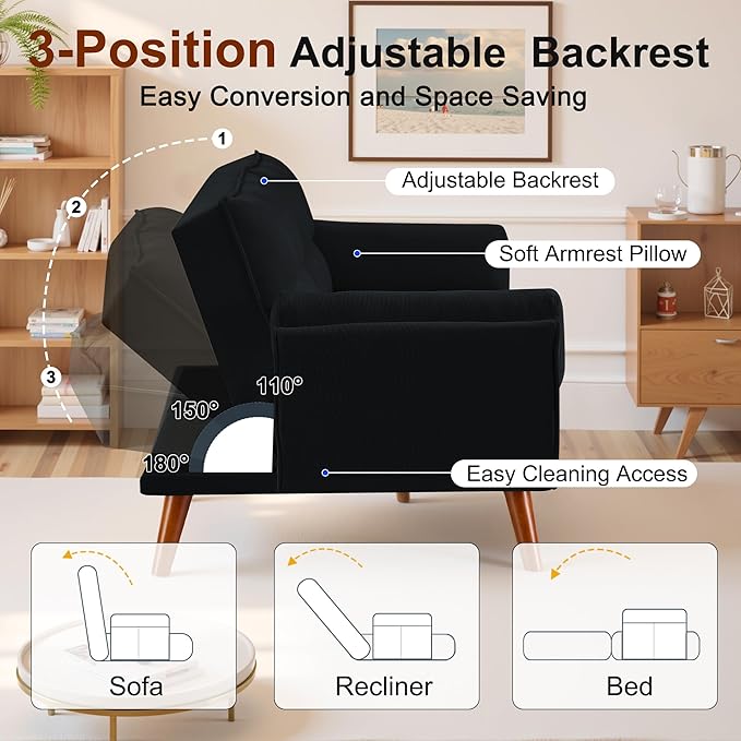 Convertible Futon Couch Bed Sleeper Sofa Bed with Adjustable Backrests Linen Loveseat Sofa 3 Seater Comfy Couch for Small Spaces Living Room Bedroom(Black 75)
