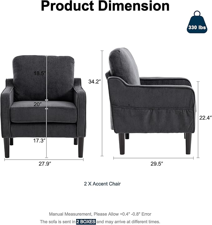 Grey Accent Chair Set of 2 - Upholstered Armchair with Side Pockets Comfy Living Room Arm Chair Reading Accent Chairs for Bedroom Living Room Apartment Office