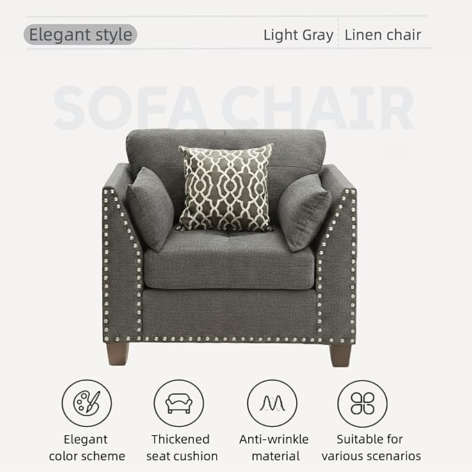Dreamzie Modern Linen Accent Chair Upholstered Armchair with Nailhead Trim &amp 3 Throw Pillows Single Sofa Reading Chair for Living Room &amp Bedroom Solid Wood Legs (Light Gray)