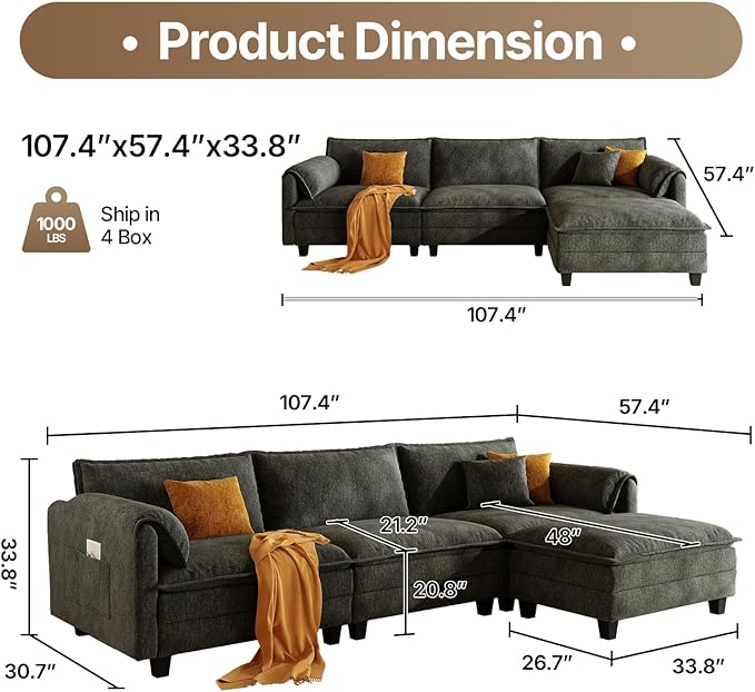 107 L Shaped Modular Sectional Cloud Couch with Pillow Deep Seat Sofa Couches for Living Room 4-Seat Modern Sofa with Movable Ottoman Comfortable Living Room Couch (Grey 107 Inch-L)
