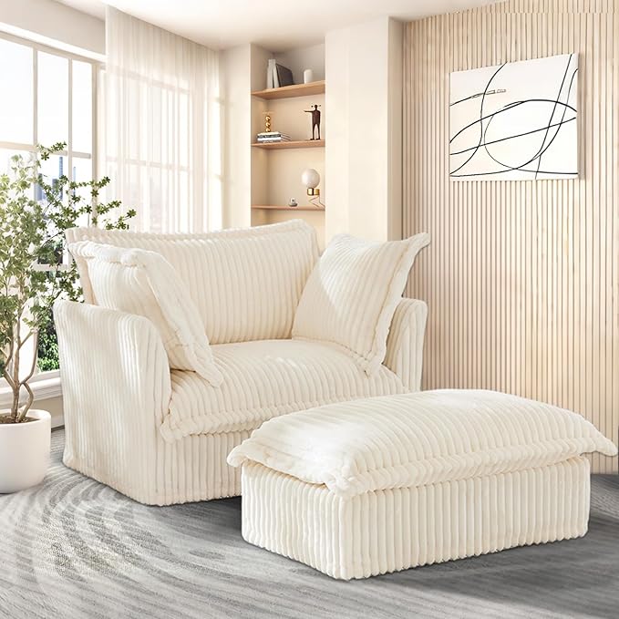 49''W Corduroy Chaise Lounge Chair Indoor Oversized Upholstered Sleeper Sofa with Movable Ottoman and 2 Pillows Removable Sofa Cover for Living Room Home Theater Apartment(Beige)