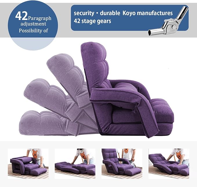 FLOGUOR 42-Position Adjustable Floor Chair Chaise Lounge Indoor Folding Lazy Sofa with Armrests and a Pillow Padded Adults Gaming Chairs for Living Room Bedroom Factory Price 8803XM (Purple)