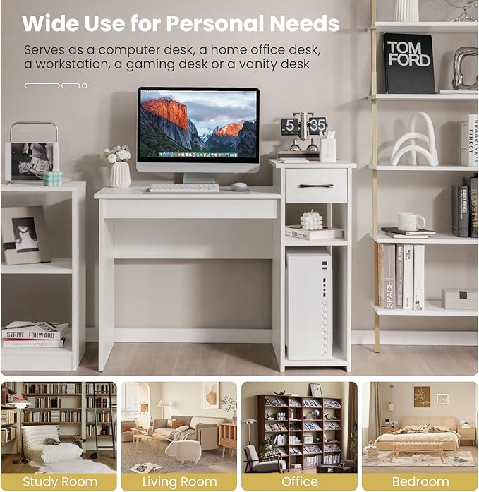 Giantex White Computer Desk 40 Study Writing Desk with Drawers and Printer Shelves Modern PC Laptop Workstation for Small Space Home Office