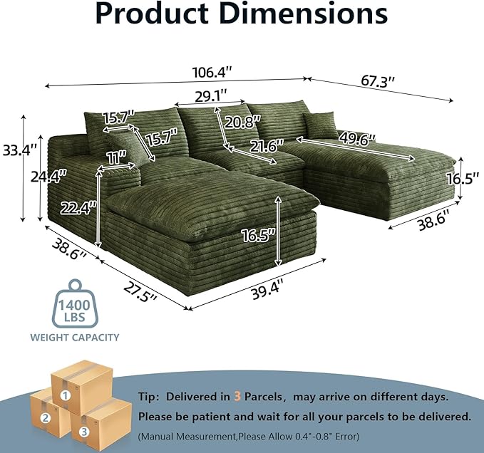 107 Cloud Sectional Couch U-Shaped Chaise with Ottoman Corduroy Boneless Couch for Living Room Bedroom Deep-Seat Upholstered Modular Cloud Sofa No Assembly Required (Green Right Facing Chaise)