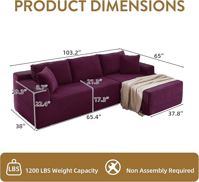 103 Cloud Sectional Couch with L-Shape Chaise Modern Minimalist Modular Sectional Sofa Fluffy Corduroy Upholstered Couches for Living Room No Assembly Required (Purple Right Facing Chaise)