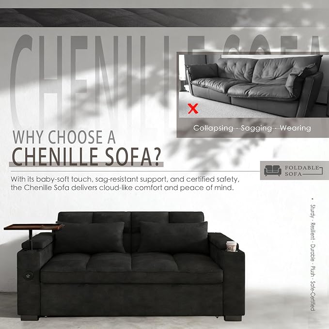 Dreamzie 65'' 3 in 1 Convertible Sleeper Sofa Bed Chenille Pull Out Couch for Living Room with 90° Swivel Side Table Loveseat Sleeper with Charging Port | Side Pocket | Cup Holders Black