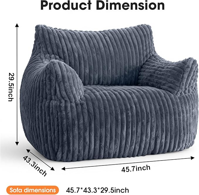 Giant Bean Bag Chair for Adults Oversized Memory Foam Bean Bag Sofa with Armrests Large Comfy Fluffy Single Lounges Mini Couch for Living Room Bedroom &amp Dorm(Gray)
