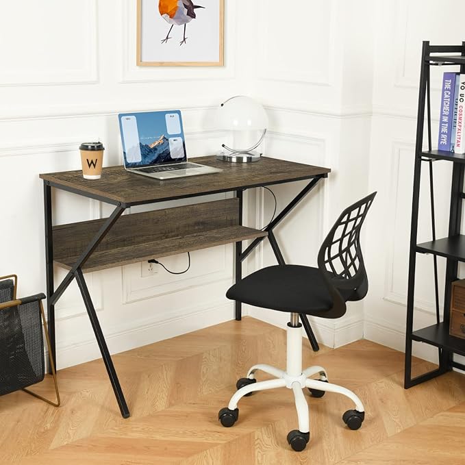 Homy Casa Industrial Computer Desk with Storage Shelf 39.4 Writing Table with X-Frame Metal Legs Retro Wood Grain Finish Home Office Workstation