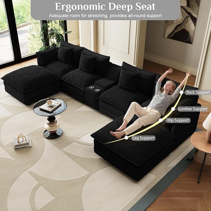 143 Oversized Modular Sectional Sofa U Shaped Cloud Couch 6 Seat Sofa Set for Living Room Comfy Corduroy Deep Seat with Storage Central Console Movable Ottomans USB Ports Cup Holders Black