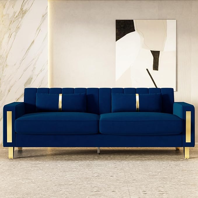 85.63 Modern Blue Velvet Sofa with Gold Metal Legs Large Upholstered Mid Century Modern Comfy 3 Seater Dark Blue Couches for Living Room (Blue)