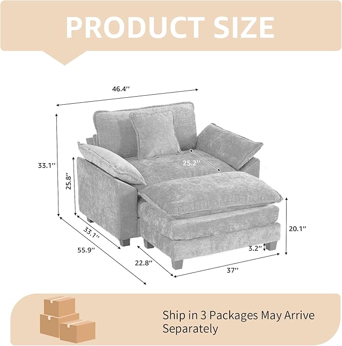 46.4'' Blue Modern Large Sectional Couches for Living Room Chenille Fabric Modular Sectional Sofa Oversized Single Cloud Couch with Ottomans Deep Seat Wide Arm Sofas Set Sofa para Sala