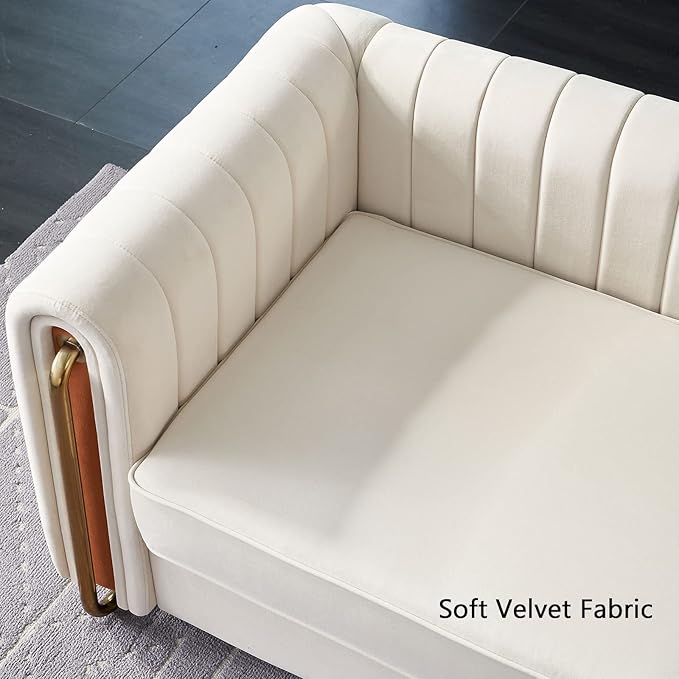 Dolonm Modern Velvet Sofa for Living Room 84 Inches Long Upholstered Sofa Couch with High Armrest and Metal Legs Decor Furniture for Bedroom Office (Beige)