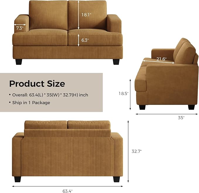 63 Inch Sofa with Extra Deep Seats Oversize Corduroy Fabric 2 Seater Sofa for Living RoomModern Couch and Loveseat Comfy Armrests and Seats and Backrests Easy Installation Ginger Yellow