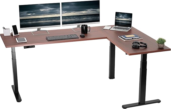 VIVO Electric 78 x 55 inch Square Corner Memory L Shaped Stand Up Desk Dark Walnut Table Top Black Frame Corner Height Adjustable Workstation 3E-S Series DESK-KIT-3E5SBD
