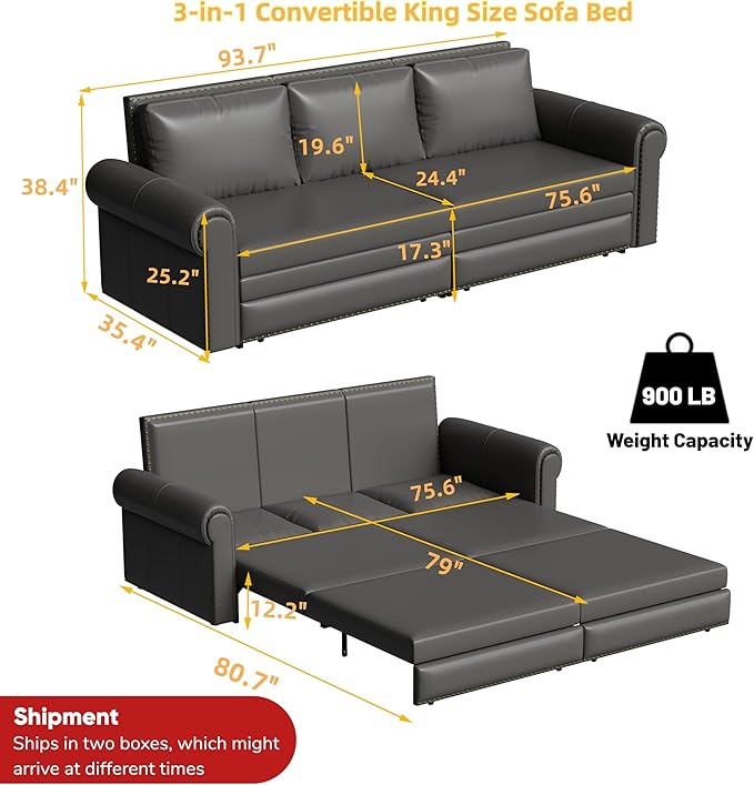 JOYBASE Pull Out Sofa Bed King-Size Convertible Sleeper Sofa Modern 3-Seater Faux Leather Couch with Nailhead for Living Room Office Apartment (Grey)