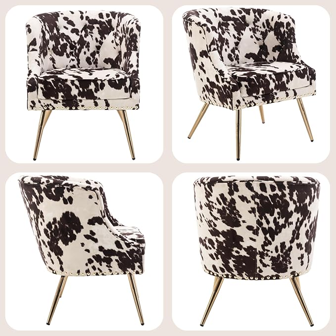 Modern Armchair Living Room Chair Small Tufted Linen Accent Chair for Bedroom with Upholstered Cushion Comfy Bedroom Chair with Golden Metal Legs Nailed Decorative (Cow)
