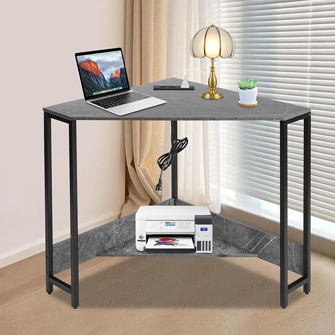 26.77 * 29.53in Corner Computer Desk Corner Table with Outlets Triangle Desk with Storage for Home Office Workstation Living Room Bedroom Rustic Gray