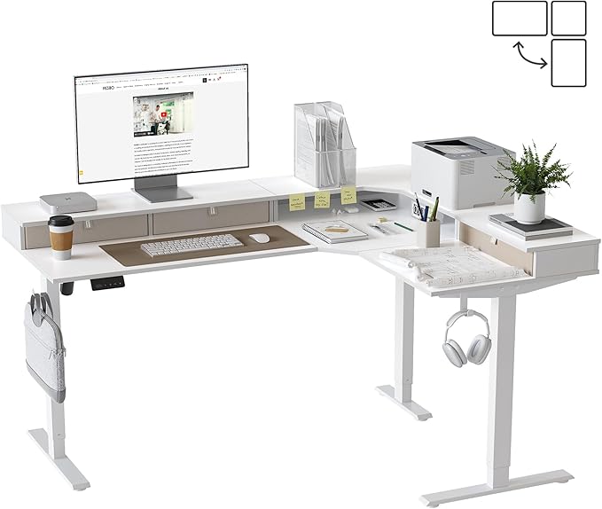 FEZIBO L Shaped Electric Standing Desk 63 x 48 inch Large with Drawers | Reversible Tabletop 2 Memory Height Settings | Home Office &amp Gaming Height-Adjustable Table White（2 Packages）
