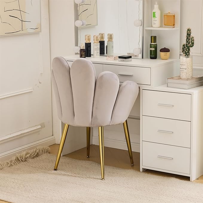 VINGLI Petal Makeup Vanity Chair with BackFlower Cute Girls Desk Chair Comfy No WheelsModern Dining ChairSmall Accent Chair with Adustable Gold Legs&ampBow Pillow for Home OfficeBedroomVelvetGr