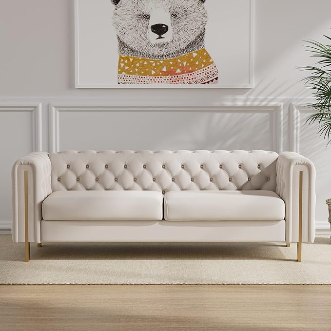 Dolonm Modern Velvet Sofa for Living Room 84 Inches Long Upholstered Sofa Couch with High Armrest and Metal Legs Decor Furniture for Bedroom Office (Cream)