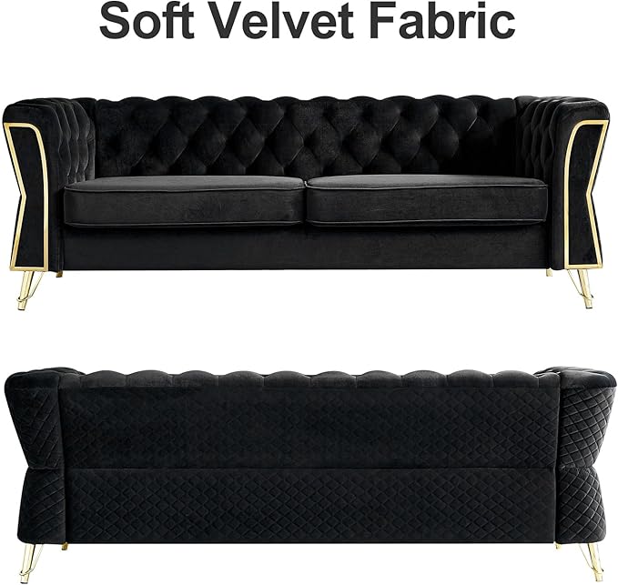 Modern Velvet Couch for Living Room 87.4 Inch Long Tufted Oversized Sofa Decor with Golden Metal Legs (Black)