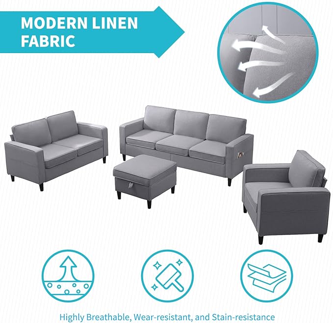 CECER 4 Piece Living Room Sectional Sofa Set with Ottoman and Side Pockets Modern Linen 6 Seaters Couch Set 3-Seater Sofa &amp Love seat &amp Armchair Set for Living Room/Office/Apartment - Light