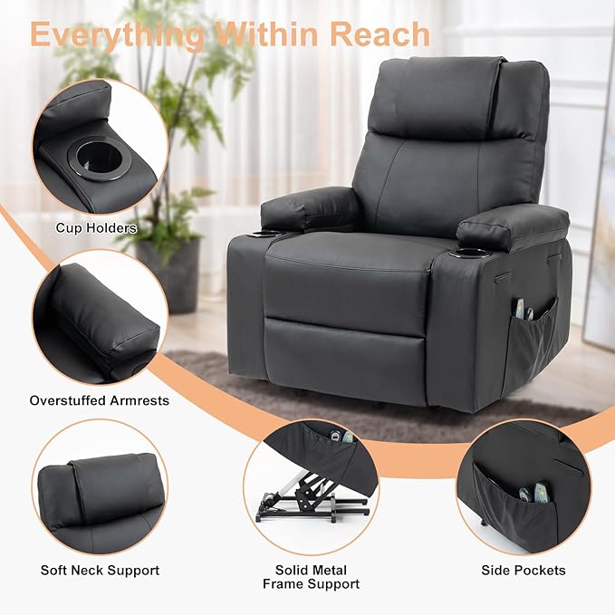 Power Lift Recliner Sofa Chair Electric Stand Assit for Elderly People Leather Reclining Chair with Cup Holders Massage &amp Heat Functions Living Room or Bedroom Furniture for Resting Black