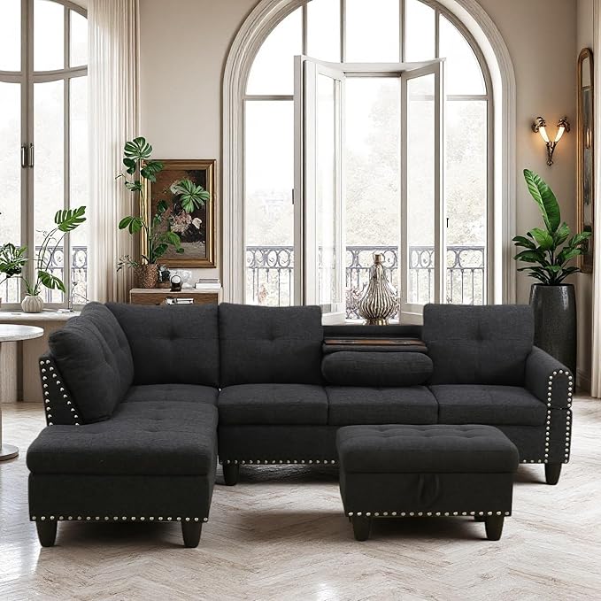 Sectional Couches for Living Room Furniture 4 Seat L Shaped Couches with Ottoman Modular Sectional Sofa for Apartment Furniture Sets Grey