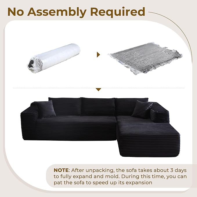104 L-Shape Modular Sectional Sofa CouchComfy Upholstered Cloud Couch for Living RoomModern Minimalist CouchesDeep SeatNo Assembly Required (BlackPlush Corduroy Right Facing Chaise)