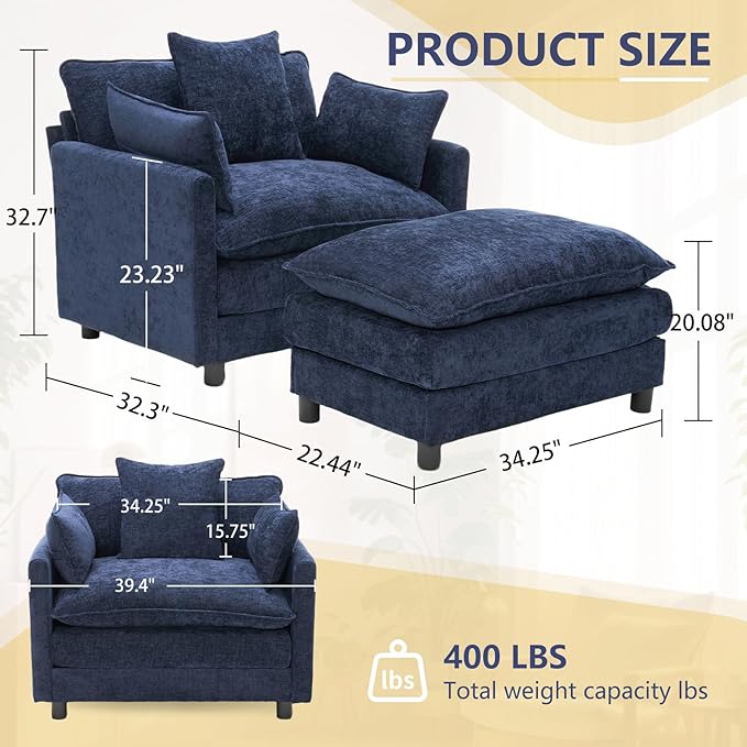 cinkehome Oversized Accent Chair with Ottoman Comfy Upholstered Armchair with Deep Seat Overstuffed Lounge Chair for Living Room Reading Nook