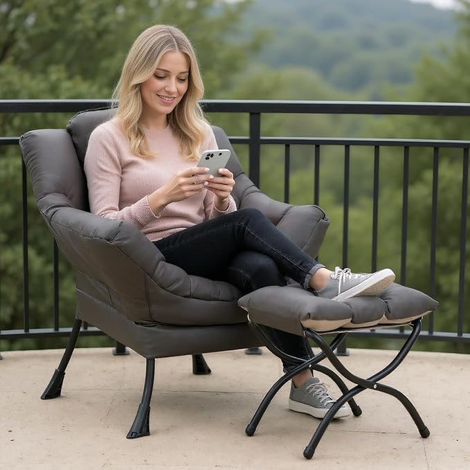 Lazy Chair with Ottoman Modern Accent Chair Contemporary Sofa Chair with Armrests Reading Chair and Folding Footstool Set for Living Room Bedroom Office Dark Grey