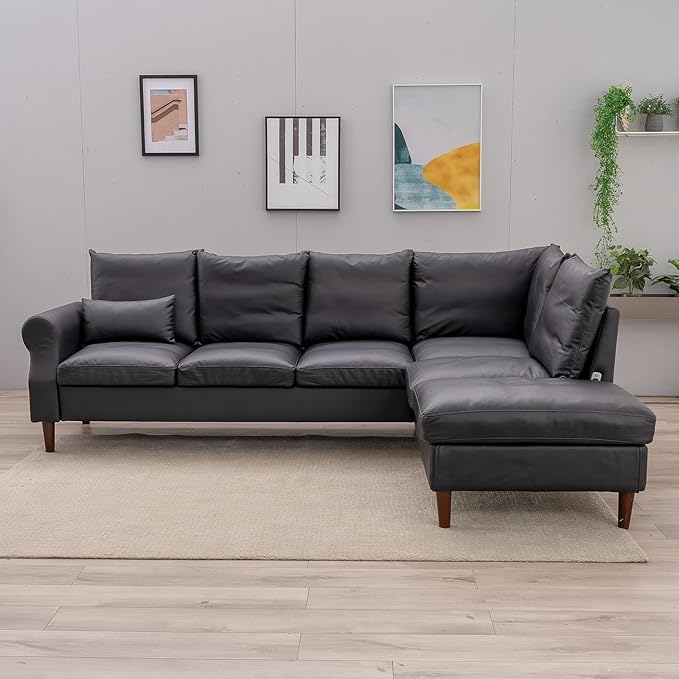 Panana 6 Seats Sectional Sofa Right Corner L Shaped Couch With USB Charging Port Chaise (Black Leathaire 6 Seater Right Corner With Chaise)