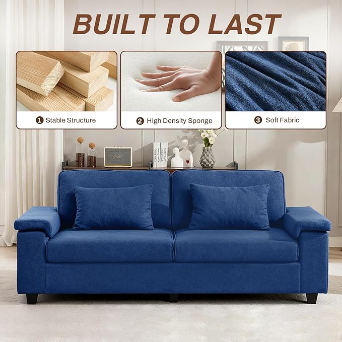 79'' Deep Seat Sofa for Living Room Mid Century Modern 3 Seater Couch with Adjustable Armrests &amp Charging Ports Navy Blue Loveseat for Apartment Home Office