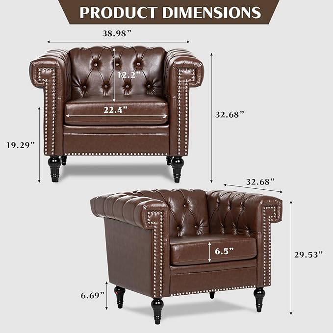 Modern Living Room Chairs Oversized Chesterfield Chair Brown Faux LeatherTufted Arm Accent Chairs Deep Seat Comfy Classic Club Wingback Single Sofa Chair for Bedroom Office Sofa Chair Sets