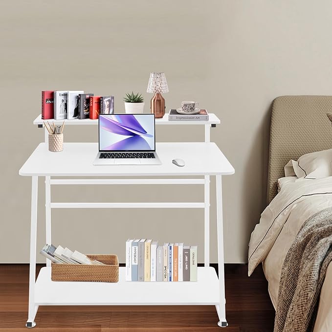Small Office Mobile Computer Desk 3-Tier Laptop Table with Storage Shelves Tiny Computer Desk with Wheels for Home Office Bedroom Living Room Studio (White)