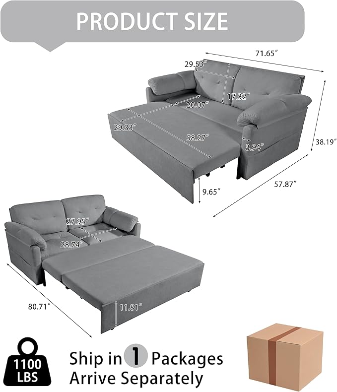 71.65 Convertible Pull Out Sofa Bed Queen Size 3-in-1 Convertible Sleeper CouchMulti-Functional Chenille Loveseat Sofá for Living RoomBedroomApartmentOfficeGray