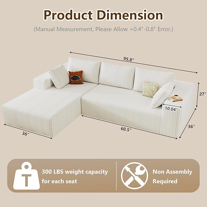 96 Modular Sectional Couch Boneless L Shaped Cloud Sofa with Chaise Lounge Corduroy Upholstered Couches Memory Foam Deep Seat No Assembly Required Ideal for Living Room(White Left Facing)