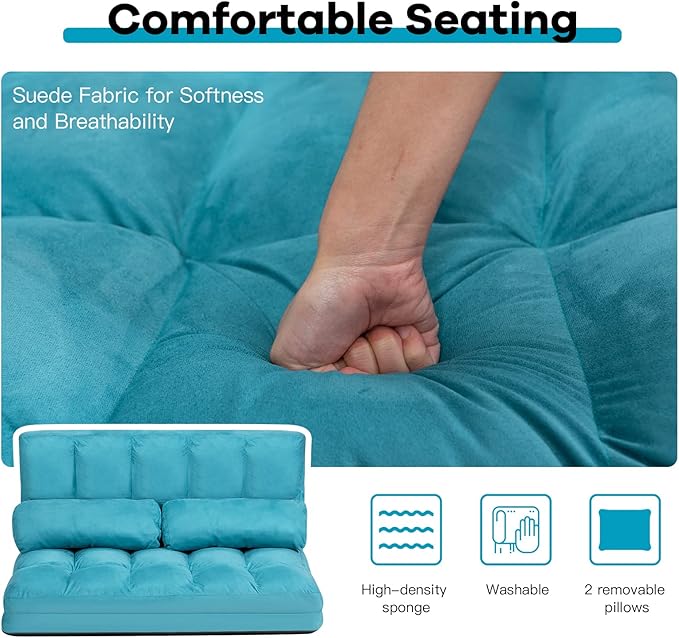 COSTWAY Floor Sofa Couch with 2 Pillows Foldable 6-Position Adjustable Lazy Sofa Bed Sleeper with Metal Frame Soft Suede Fabric Gaming Playing Lounge Recliner for Adults (Blue)