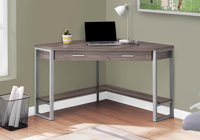 Pemberly Row Corner Computer Desk 42 L x 42 D x 30 H Taupe Wood Look Finish Silver Metal Frame Drawer and Bottom Shelf Space-Saving Design for Home Office or Workstation Use