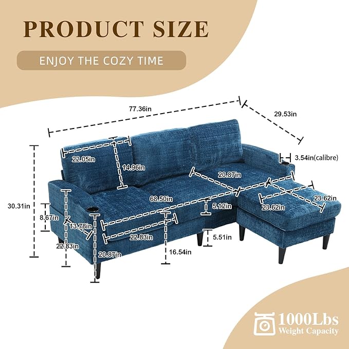 3 Seater Sectional Couch L Shaped Modular Couch with Solid Wood Frame Small Sofa with Storage Ottoman &amp Cup Holder &amp Side Pocket for Apartment Game Room Dormitory Room (Blue)