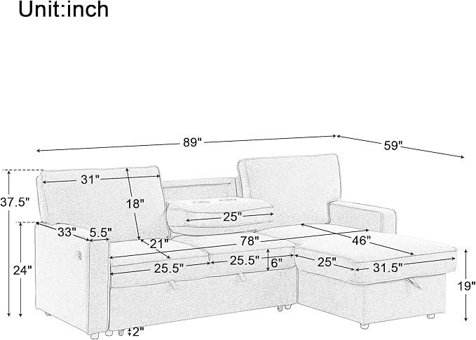 L-Shaped Convertible Sectional Sofa with Storage Space Upholstery Sleeper Sectional Sofa with USB Port and 2 Cup Holders on Back Cushions 3-Seat Sofa Furniture for Living Room Office (Grey-89'W)
