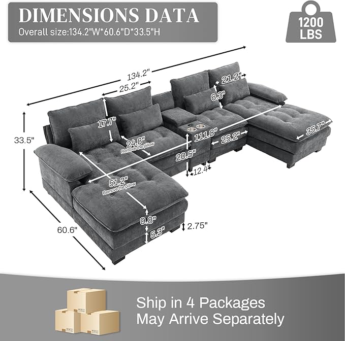 OUYESSIR 134 Oversized Grey Sectional Couches for Living RoomFluffy Couch with Chaise Lounge&ampTufted Buttons U Shaped Living Room Sofa Set FurnitureChenille 6 Seater Couch with Storage Console