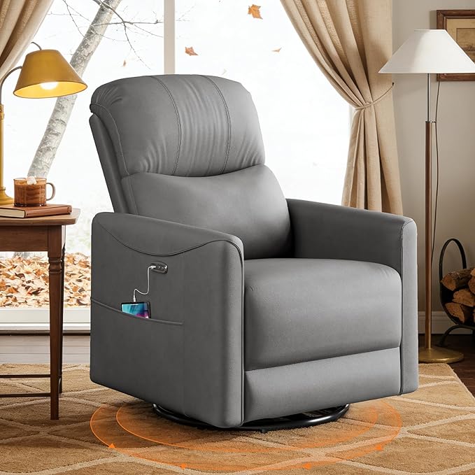 Kidirect Power Swivel Rocker Recliner 360° Swivel Recliner Chairs for Nursery Pu Leather Power Recliner Chair with USB Port and Side Pocket Electric Glider Rocking Chair for Living Room