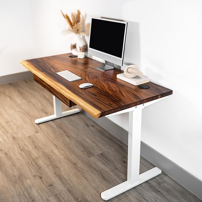 Standing Desk with Drawer – Walnut Solid Wood Desk Natural Live Edge Adjustable Height Dual Motor Sit Stand for Home Office (White W48 x D27)