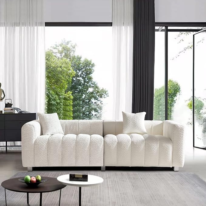 87.4 Modern 3 Seater Boucle Sofa Couch for Living Room Mid Century Fluffy Couches with Solid Wood Frame and 6 Legs for Bedroom Apartment Weight Capacity 750 LBS (White)