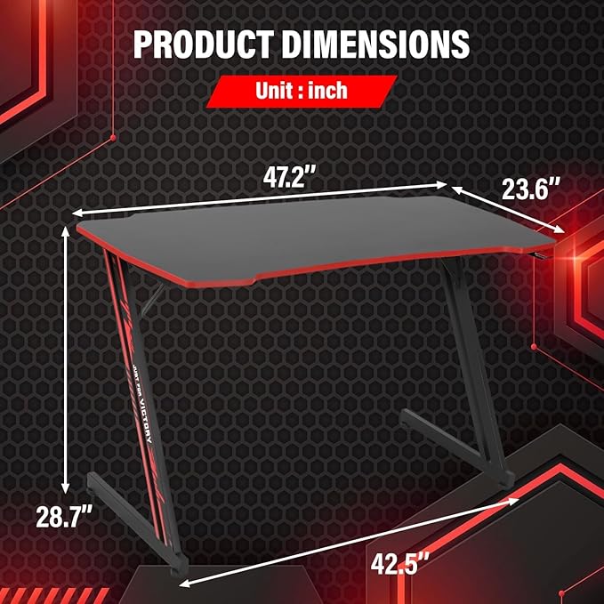 47 Inch Gaming Desk Wood Gaming Table Modern Z-Shaped Computer Desk for Home Office with Headphone Hook - Sturdy Gamer Workstation Table with Carbon Fibre Desktop Red