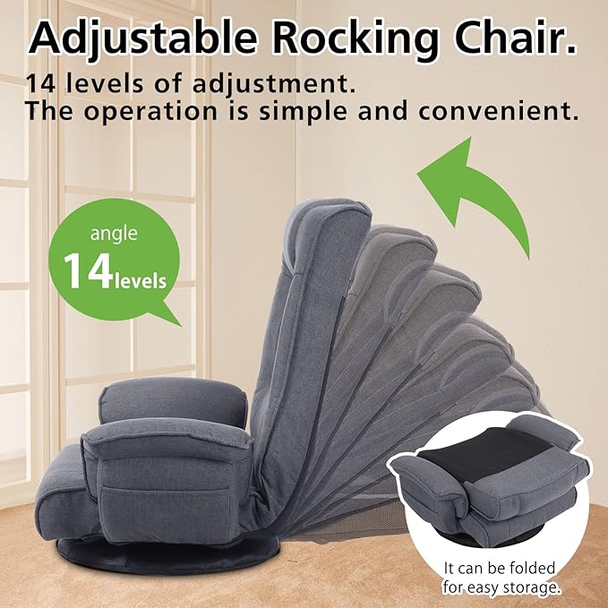 FLOGUOR 360 Degree Swivle Adjustable Floor Chair Chaise Lounge Indoor Folding Lazy Sofa with Armrests and Side Pocket Adults Gaming Chairs for Living Room Bedroom Factory Price 201 (GR)