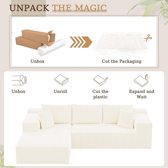 YESHOMY Boneless Couches for Living Room 108 Sectional Modular Sectional Sofa with Deep Seat Cloud Comfy Couch with L-Shape Chaise Easy Assembly (Corduroy Cream)